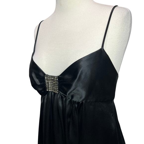ABS Y2K Babydoll Dress 4 Black Satin Mini Rhinestone Dark Fairy Retro Vintage - Picture 3 of 14